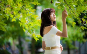 Нежная девушка азиатка прикасается к листу на дереве