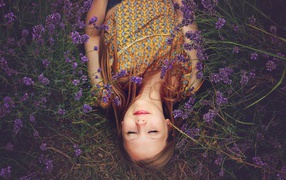Девушка с закрытыми глазами лежит на земле с сиреневыми цветами