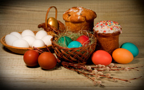 Пасхальные куличи, крашеные яйца и верба на Пасху