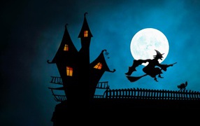 Witch on a broomstick at the black castle on the background of the moon