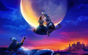 Алладин и Жасмин на ковре самолете на фоне луны 