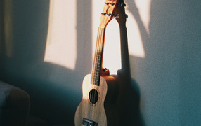 Желтая гитара стоит у серой стены