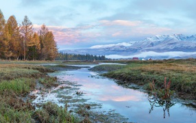 Река у леса на фоне гор под красивым небом