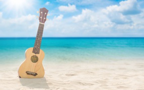 Guitar on white sand by the sea in summer