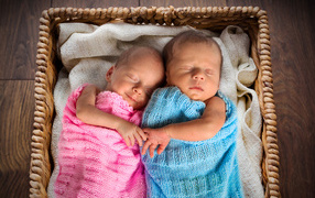 Грудные мальчик и девочка спят в плетеной корзине