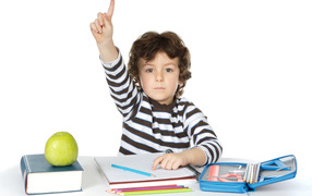 Маленький мальчик школьник отвечает на уроке 