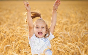 Маленькая веселая девочка в желтой пшенице