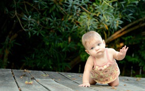 Little girl crawling on a wooden bridge