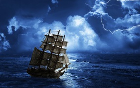 Парусное судно на море в шторм 
