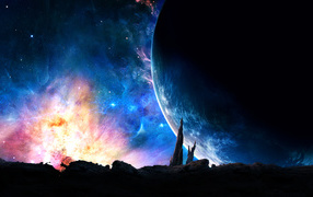 Большая планета на фоне звездной галактики 