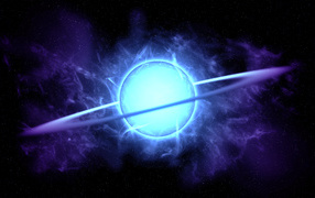 Голубая неоновая планета с кольцом в темном небе