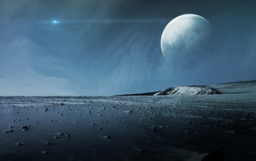 Вид на большую белую луну с поверхности планеты