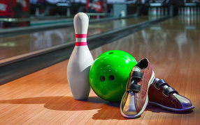 Bowling shoes, ball and skittle