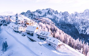 Дома на заснеженном склоне горы на фоне леса 