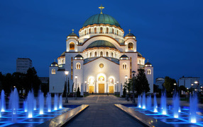 Fountains near the Temple of Saint Sava in the evening, Belgrade. Serbia