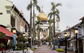 Улица с домами и видом на храм, город Сингапур. Азия