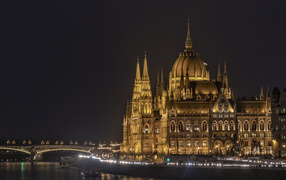 Palace of Parliament at water at night, Budapest. Hungary