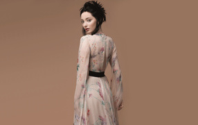 Актриса Эмма Дюмон в красивом платье на коричневом фоне
