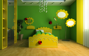 Красивая детская комната в зелено - желтом цвете интерьера