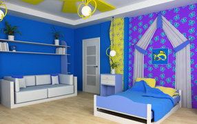 Beautiful children's room with a bed and a sofa with bright blue walls
