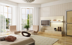 Спальня с журнальным столиком, телевизором и большими окнами