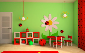 Bright children's room with red furniture and green walls