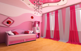 Children's room in a bright pink color with an unusual chandelier