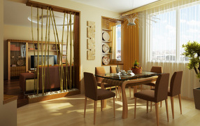 Столовая с обеденным столом и стульями у окна