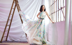 Девушка в красивом платье, актриса Эмма Дюмон у окна