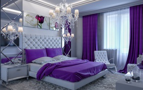 Large bedroom with purple curtains