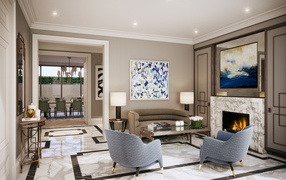 Гостиная с камином  и большой картиной на стене