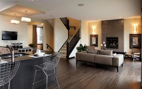 Гостиная с диваном совмещенная с кухней 