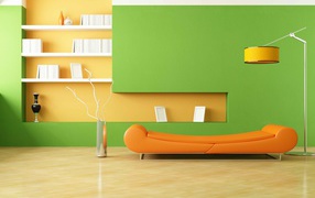 Комната в стиле минимализм с зеленой стеной 