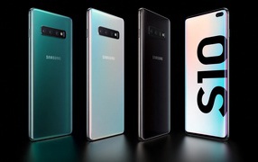 Samsung Galaxy S10 smartphones on a black background
