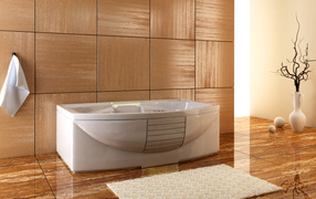 Белая ванная на фоне коричневой стены 