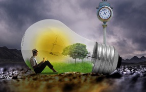 Мужчина сидит в большой фантастической лампочке у часов