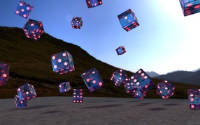 Летающие игральные кости над дорогой, 3д графика