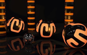 Оранжево-черные 3д шары отражаются в поверхности 