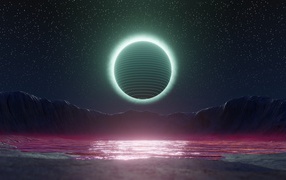 Сфера в ярком свечении в звездном небе над озером