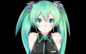 Anime girl Miku Hatsune with blue hair on a black background