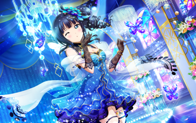 Девушка аниме в красивом синем платье