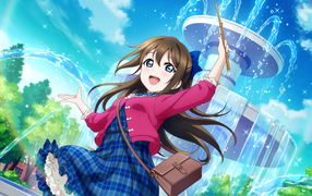 Девушка аниме в платье стоит у фонтана