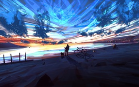 Девушка аниме смотрит на фантастическое небо 