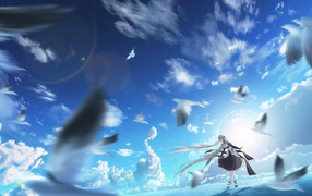 Девушка аниме на фоне голубого неба с птицами