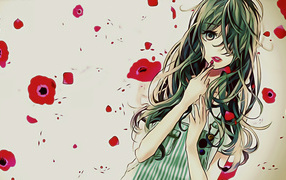 Девушка аниме на фоне с красными маками