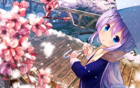 Девушка аниме с сиреневыми волосами под зонтом