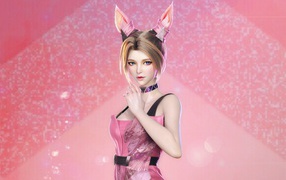 Девушка аниме с ушами белки на розовом фоне