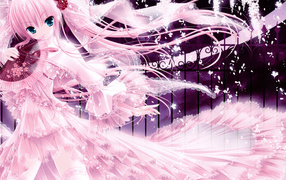 Красивая девушка аниме в длинном розовом платье 