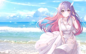 Длинноволосая девушка аниме с белом платье у моря