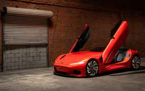 Красный автомобиль Karma SC1 Vision Concept 2019 года с открытыми дверями